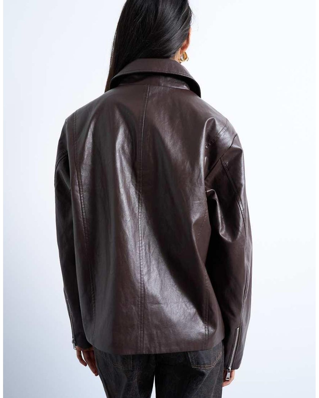 TOPSHOP Brown Faux Leather Clean Zip Through Jacket