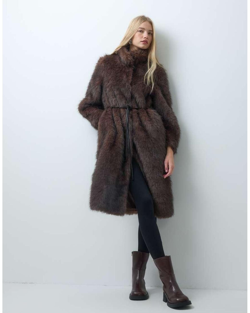 Vero Moda Brown Funnel Neck Faux Fur Long Coat With Tie Belt