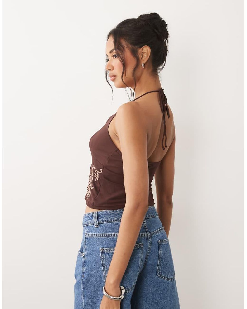 ASOS Blue Embroidered Halter Neck Split Front Cami Top