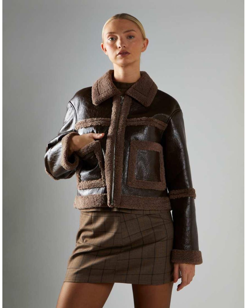 Glamorous Brown Faux Leather Aviator Jacket