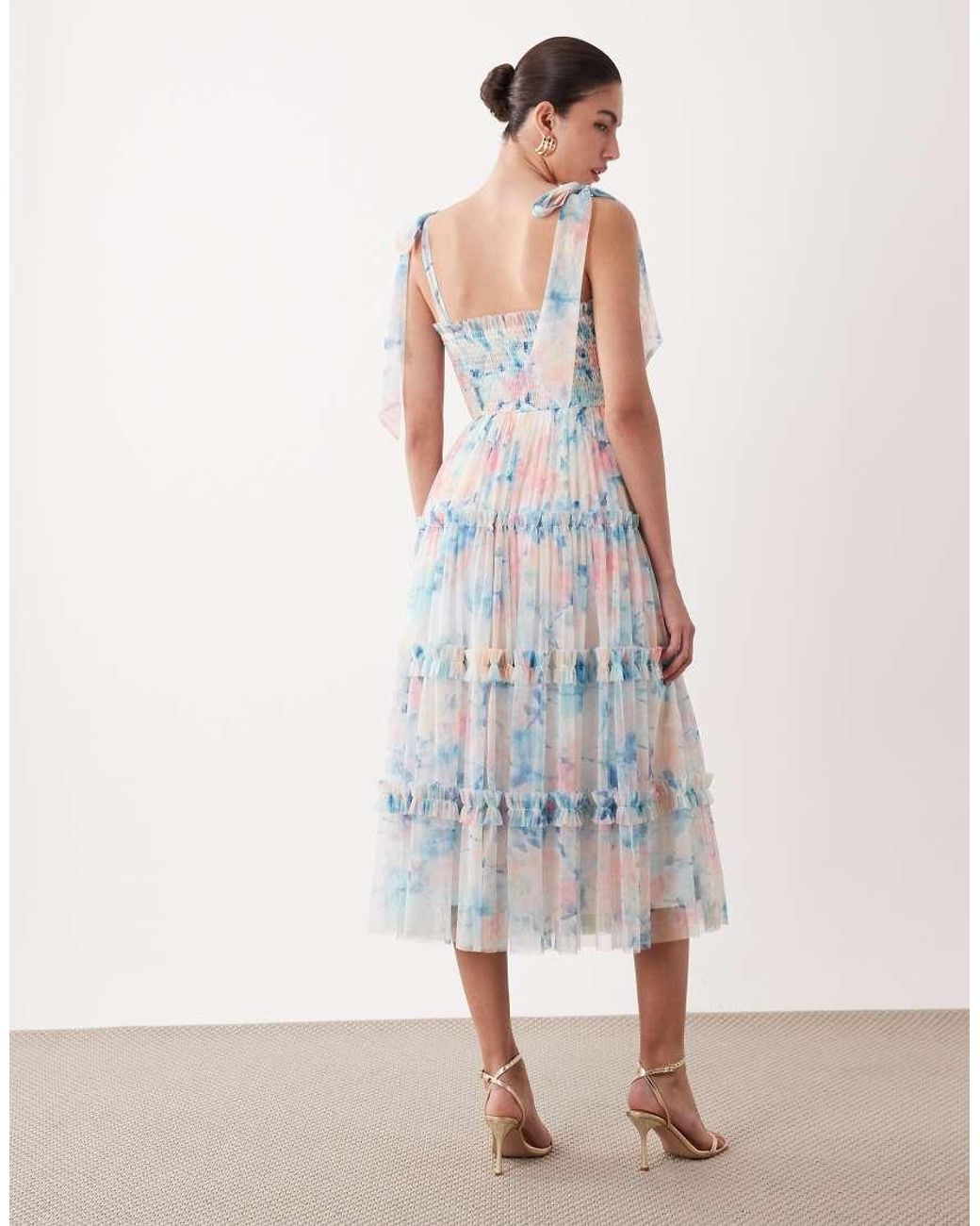 LACE & BEADS White Bow Shoulder Shirred Ruffle Midi Dress