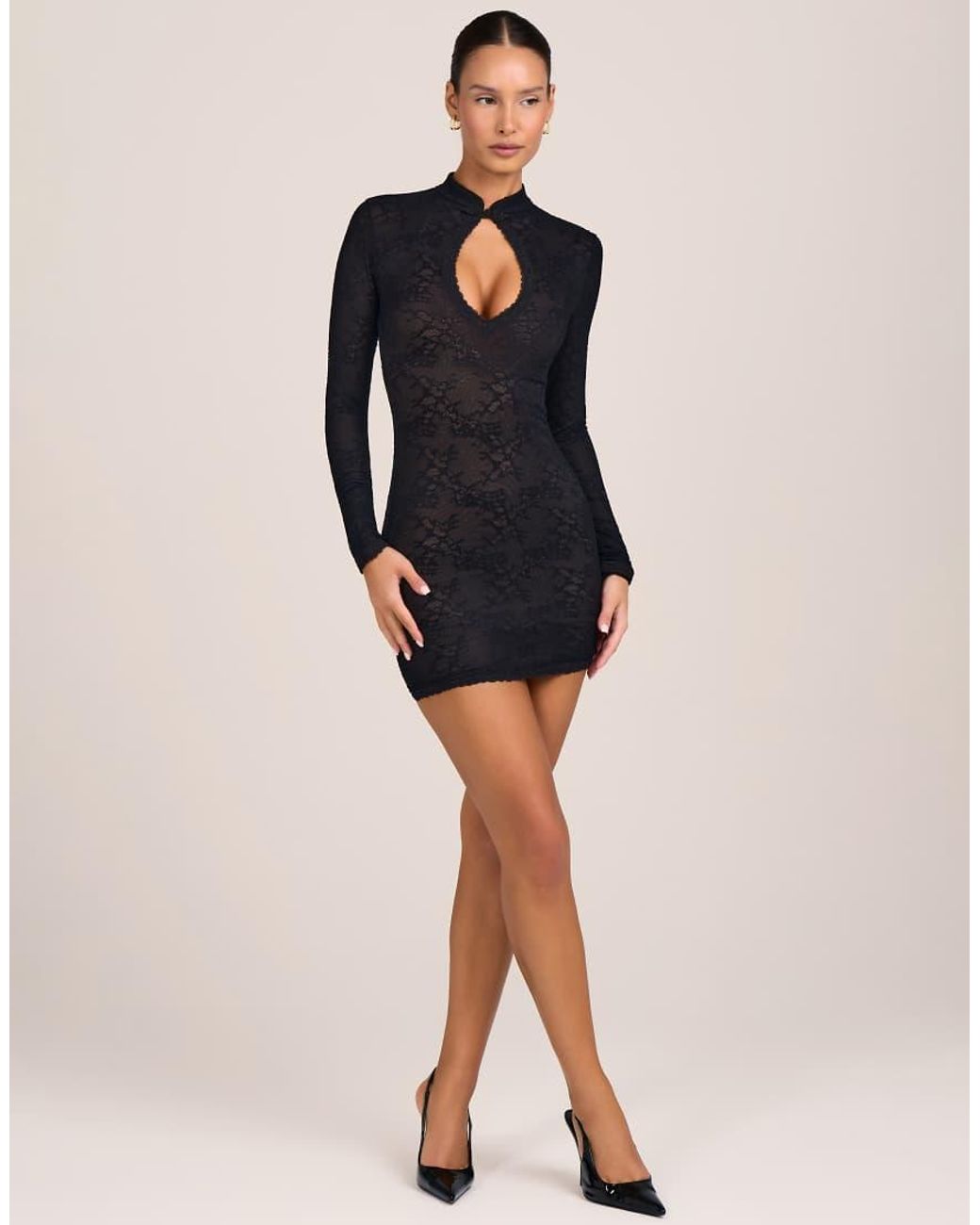 Oh Polly Black Lace Mesh Mandarin Collar Mini Dress