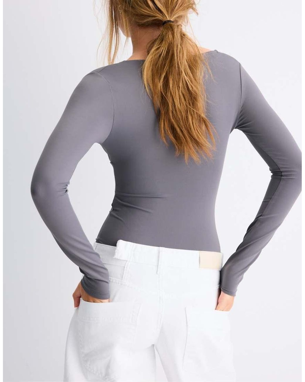 Stradivarius Gray V-neck Bodysuit With Under-bust Gathering