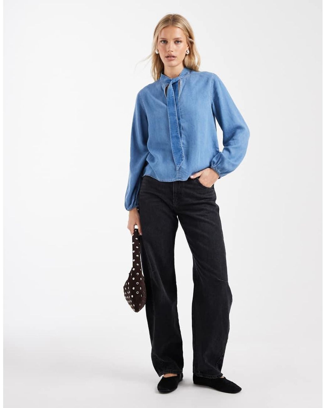Mango Blue Teen Tie Neck Long Sleeve Denim Blouse