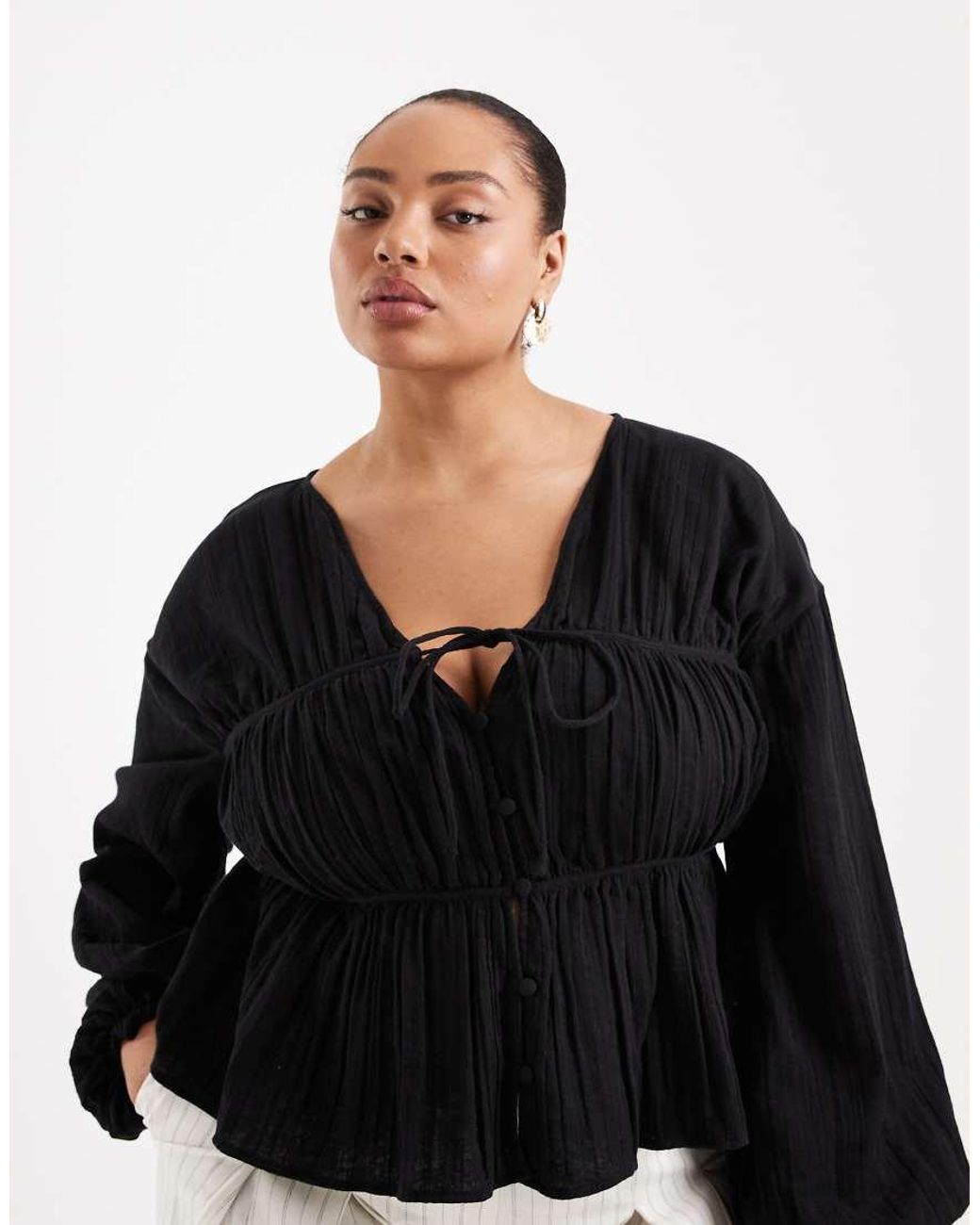 ASOS Black Asos Design Curve Long Sleeve Smock Top With Button Front