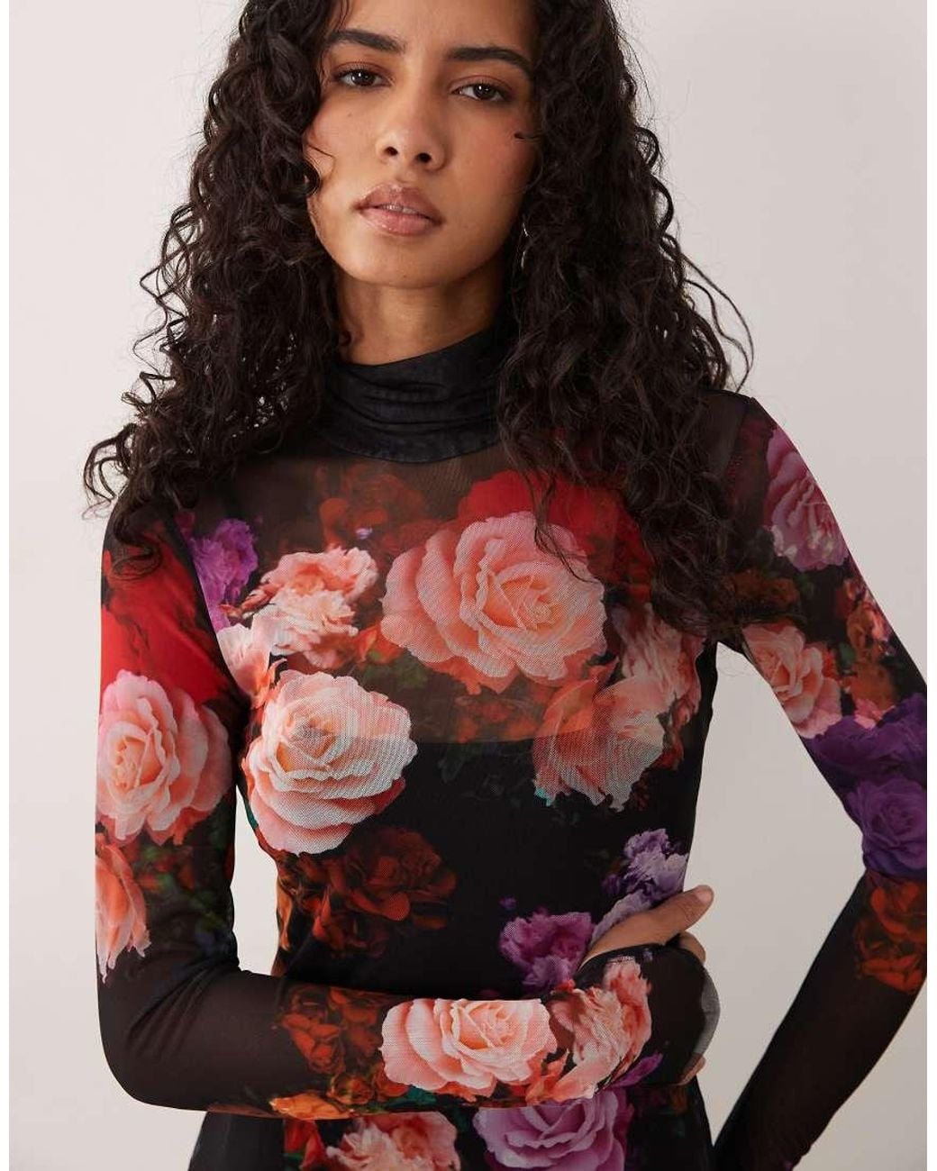 AFRM Multicolor Shailene Mesh Long Sleeve High Neck Midi Dress