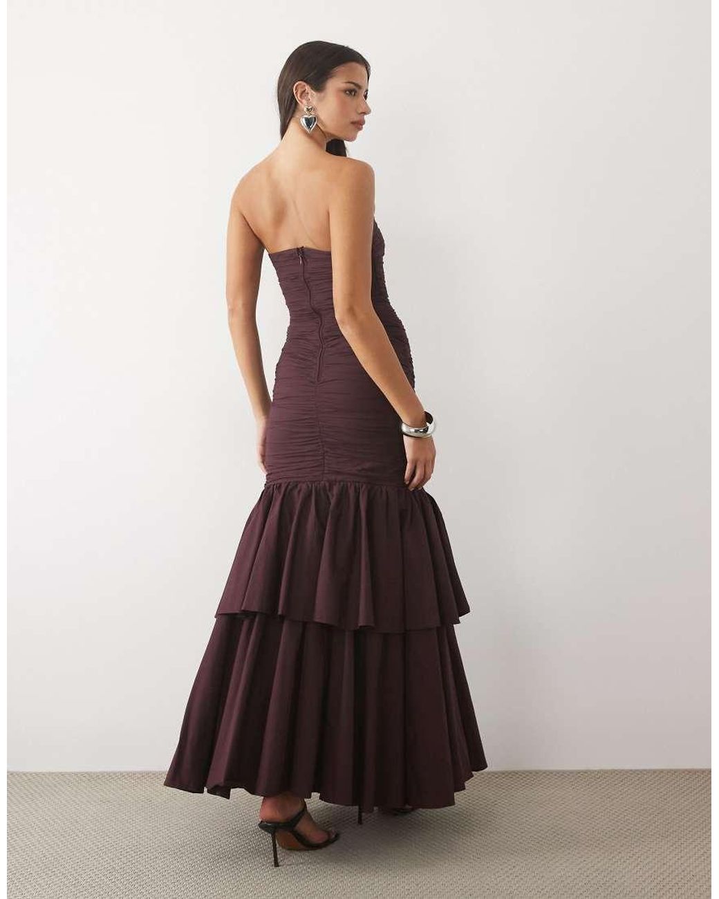 LACE & BEADS Brown Taffeta Bandeau Ruffle Hem Drop Waist Maxi Dress