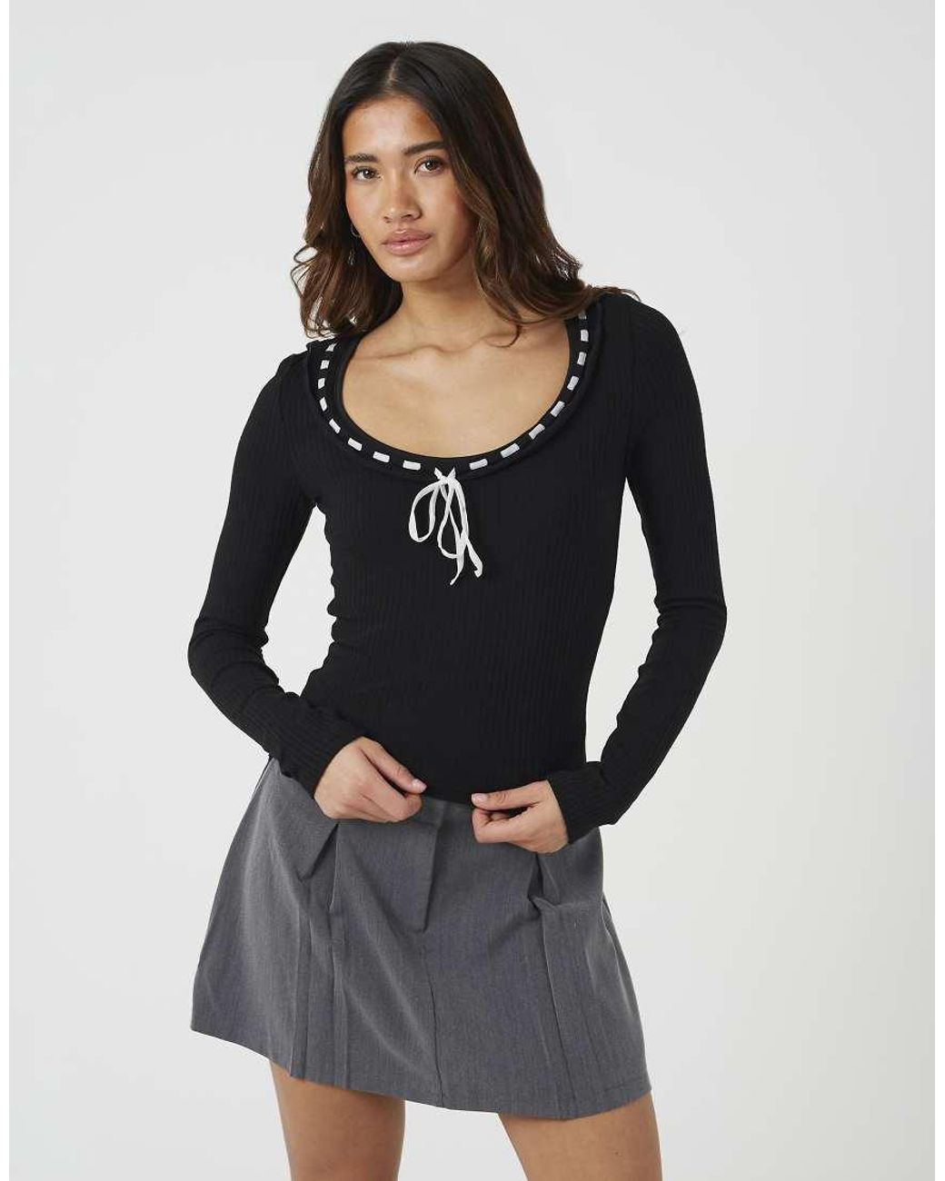 Brave Soul Blue Ribbed Long Sleeve Top With Bow Detail
