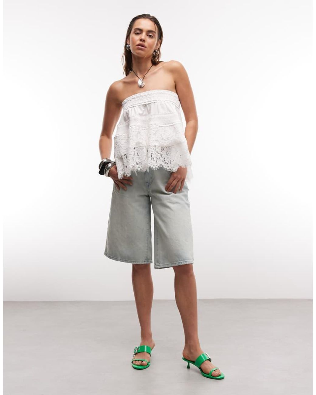ASOS White Lace Hem Shirred Bandeau Top