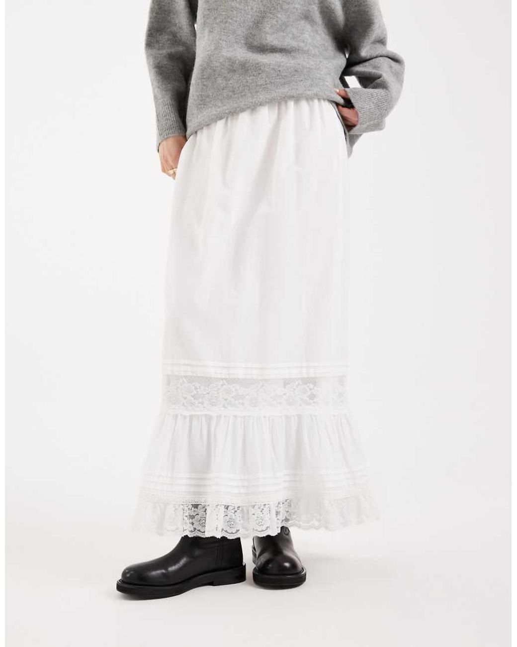 Miss Selfridge Natural Cotton Poplin Skirt With Lace Inserts