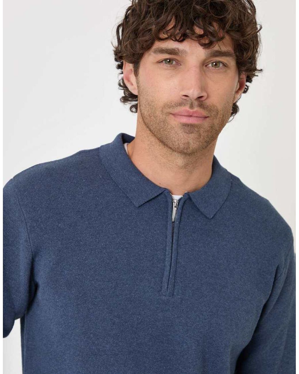Threadbare Blue Cotton Rich Quarter Zip Long Sleeve Polo for men