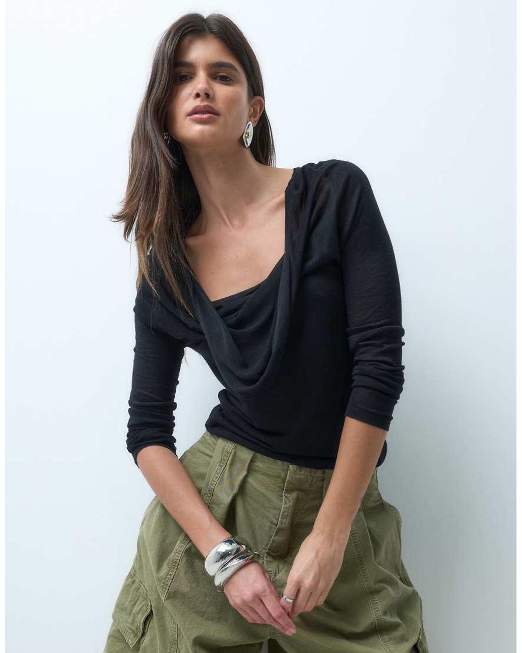 ASOS Black Fine Knit Cowl Neck Drape Top