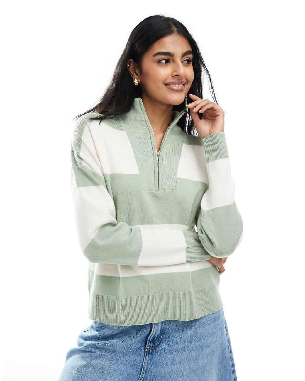 Brave Soul Green Striped Half Zip Knitted Jumper