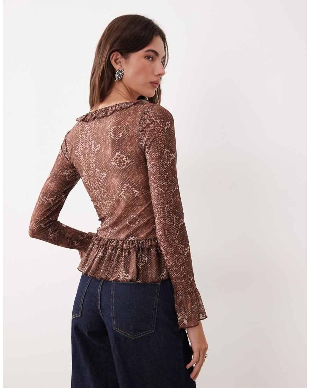 Motel Blue Long Sleeve Snake Skin Ruffle Edged Top