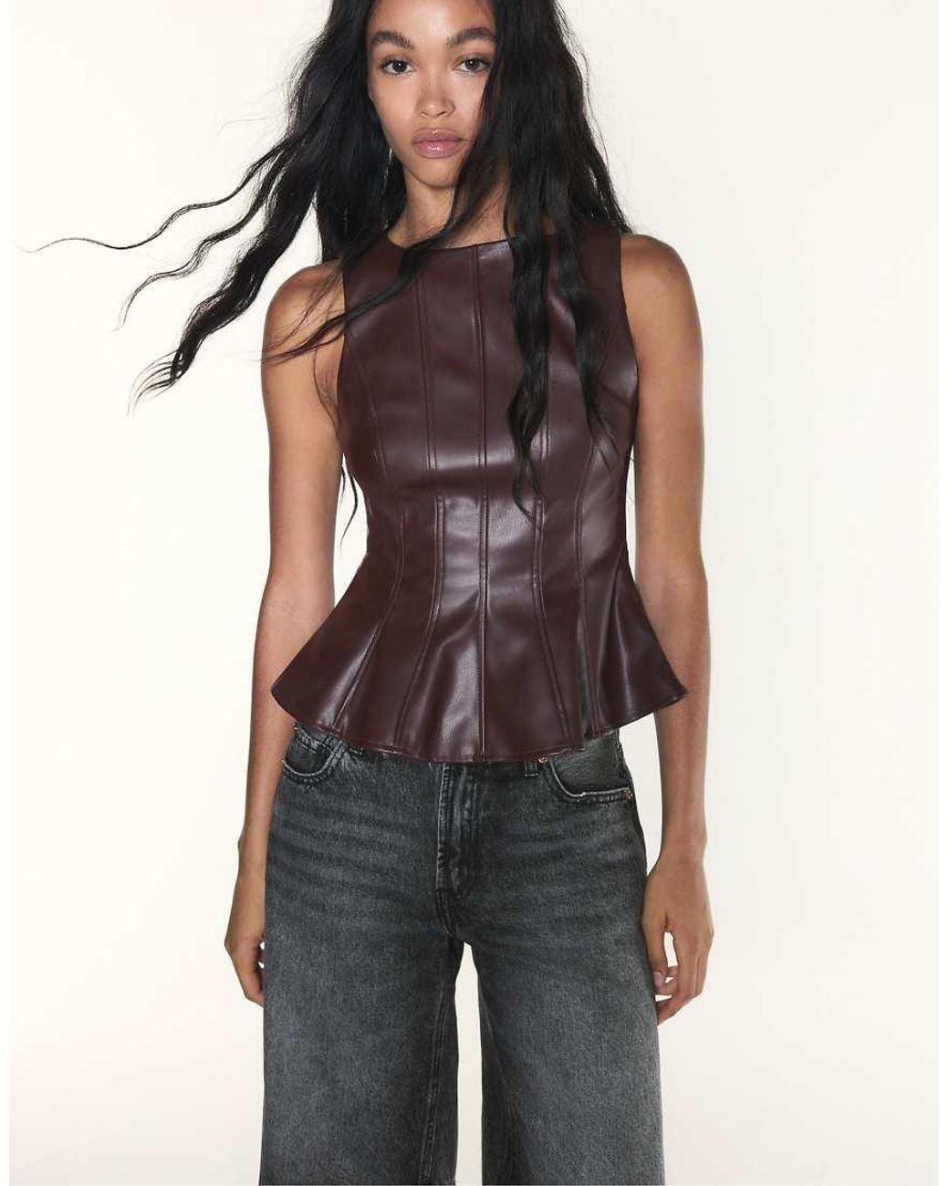 Stradivarius Blue Sleeveless Leather-Effect Peplum Top