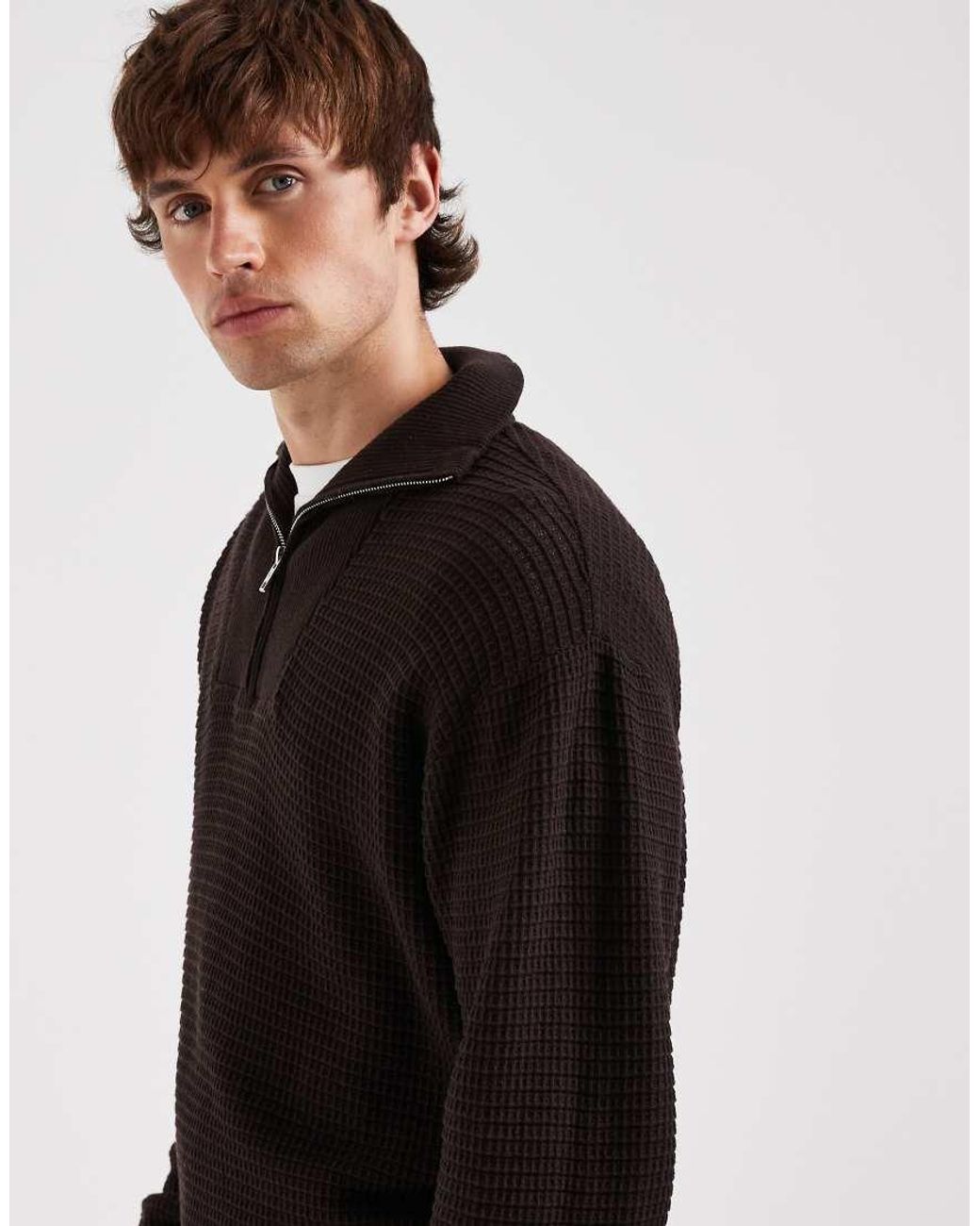 Redefined Rebel Black Knitted Quarter Zip Sweatshirt for men