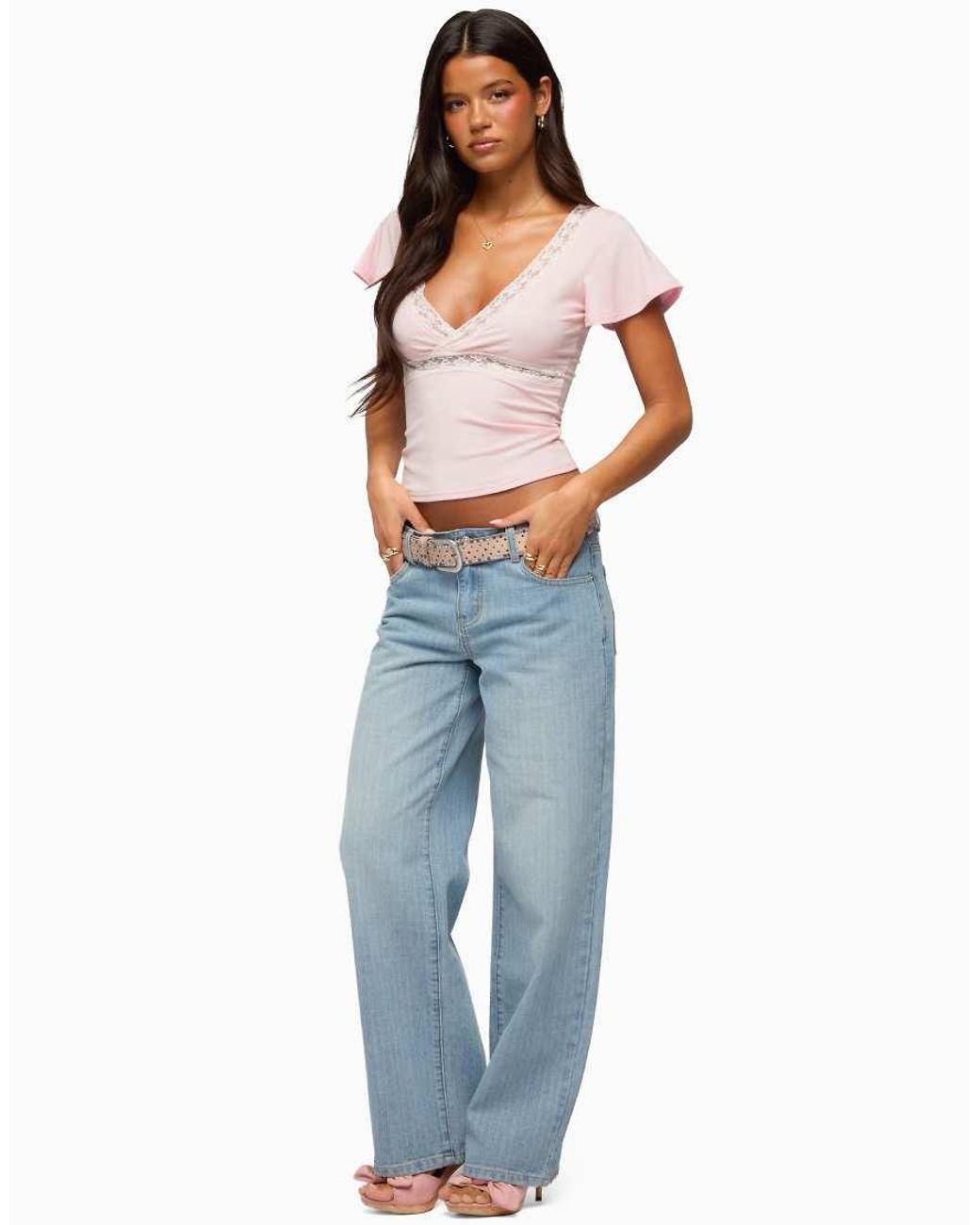 Edikted Gray Yvetta Lacey Flutter Sleeve Top
