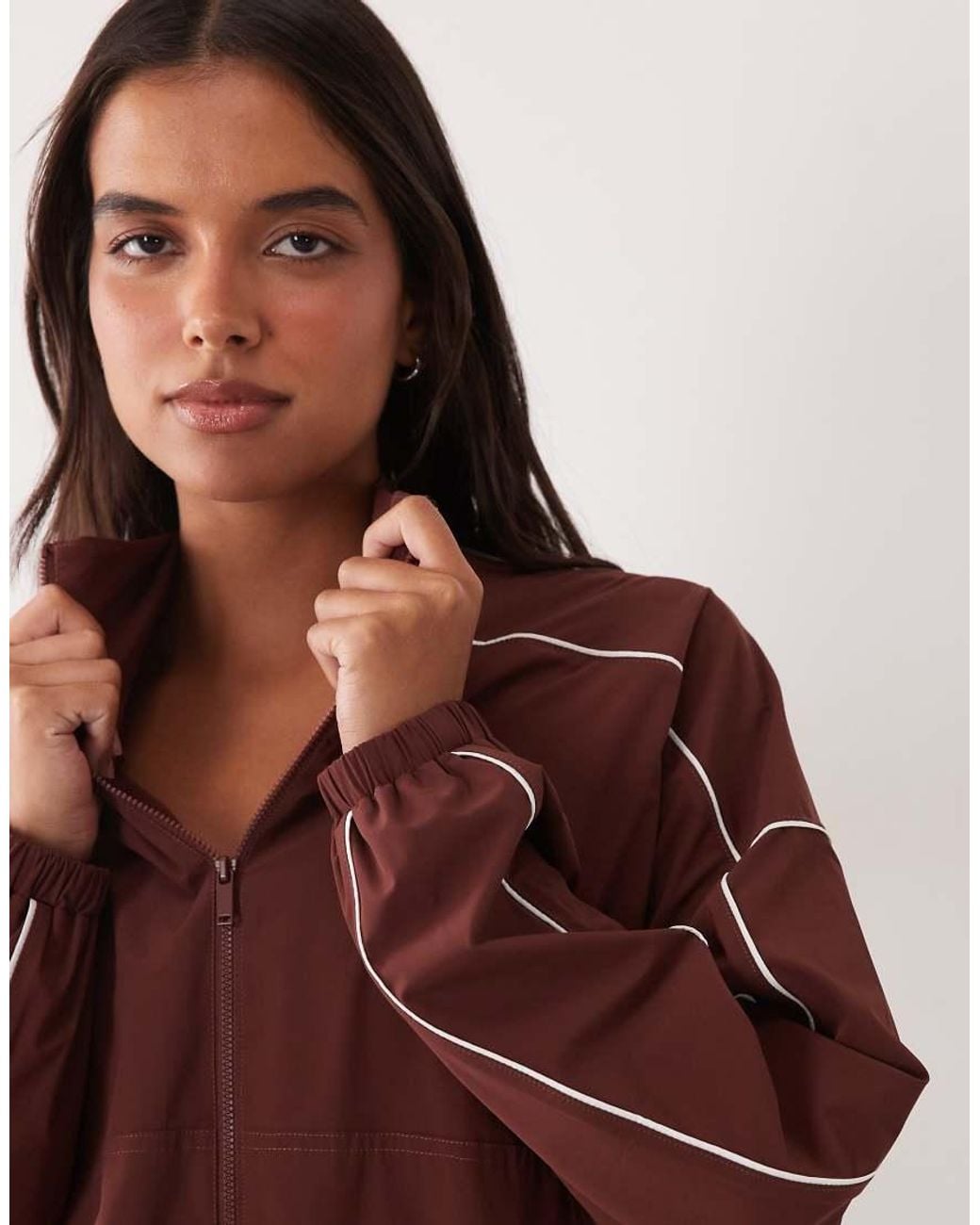4505 Red Woven Funnel Neck Zip Up Track Jacket With Piping Detail