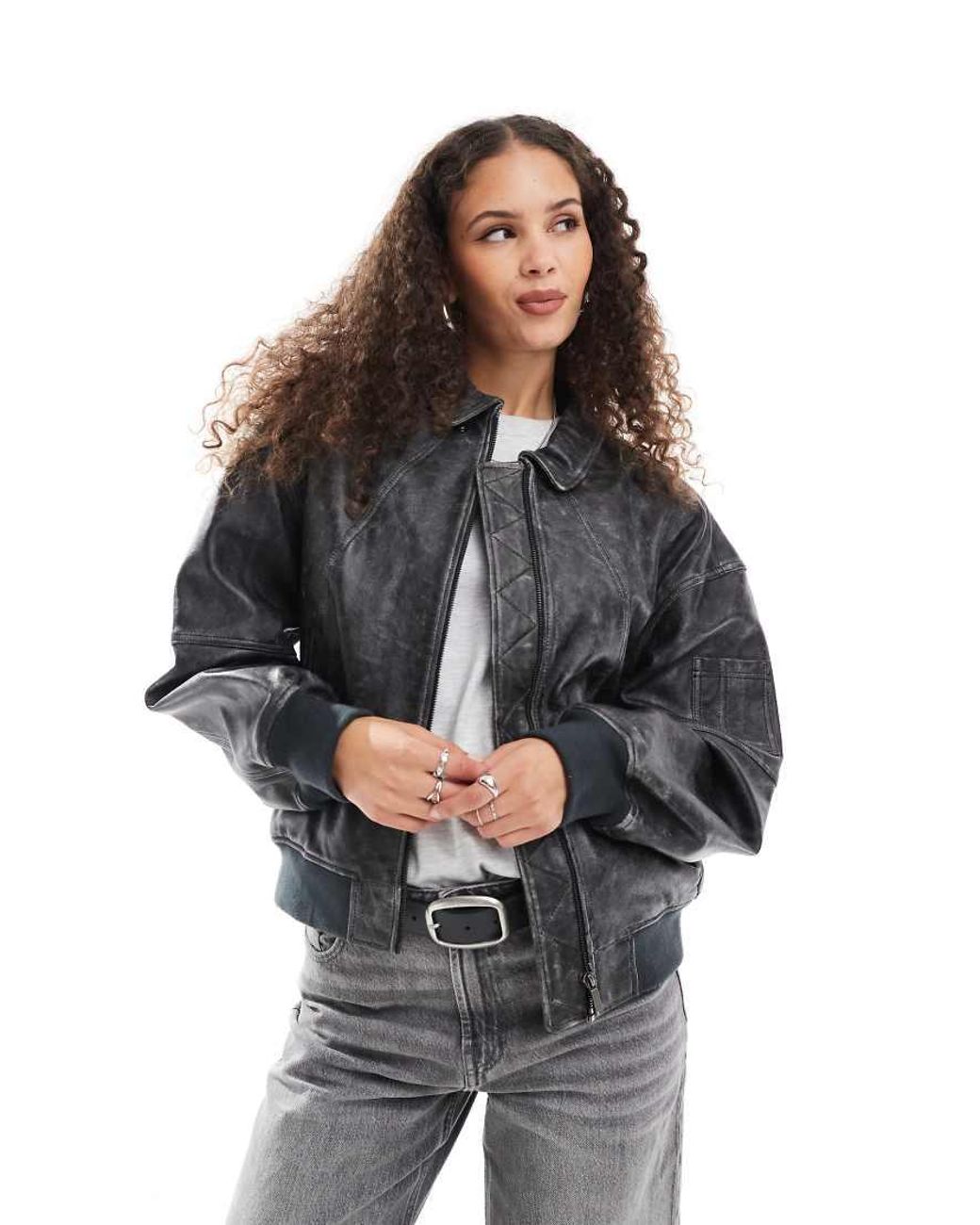 Urbancode Distressed Leather Bomber Jacket in Grey | Lyst UK