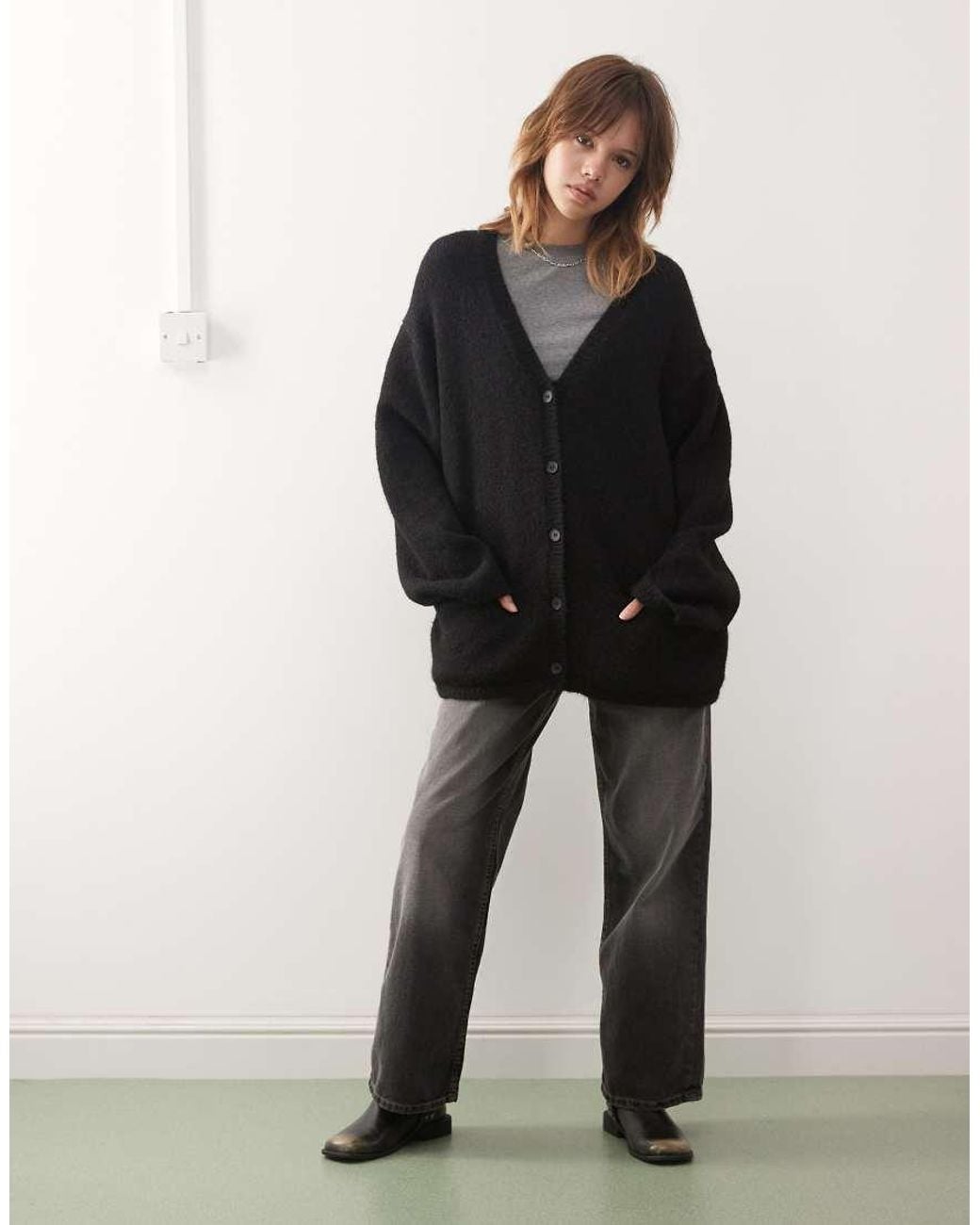 Monki Black Oversized Fluffy Knit Wool Mix Cardigan