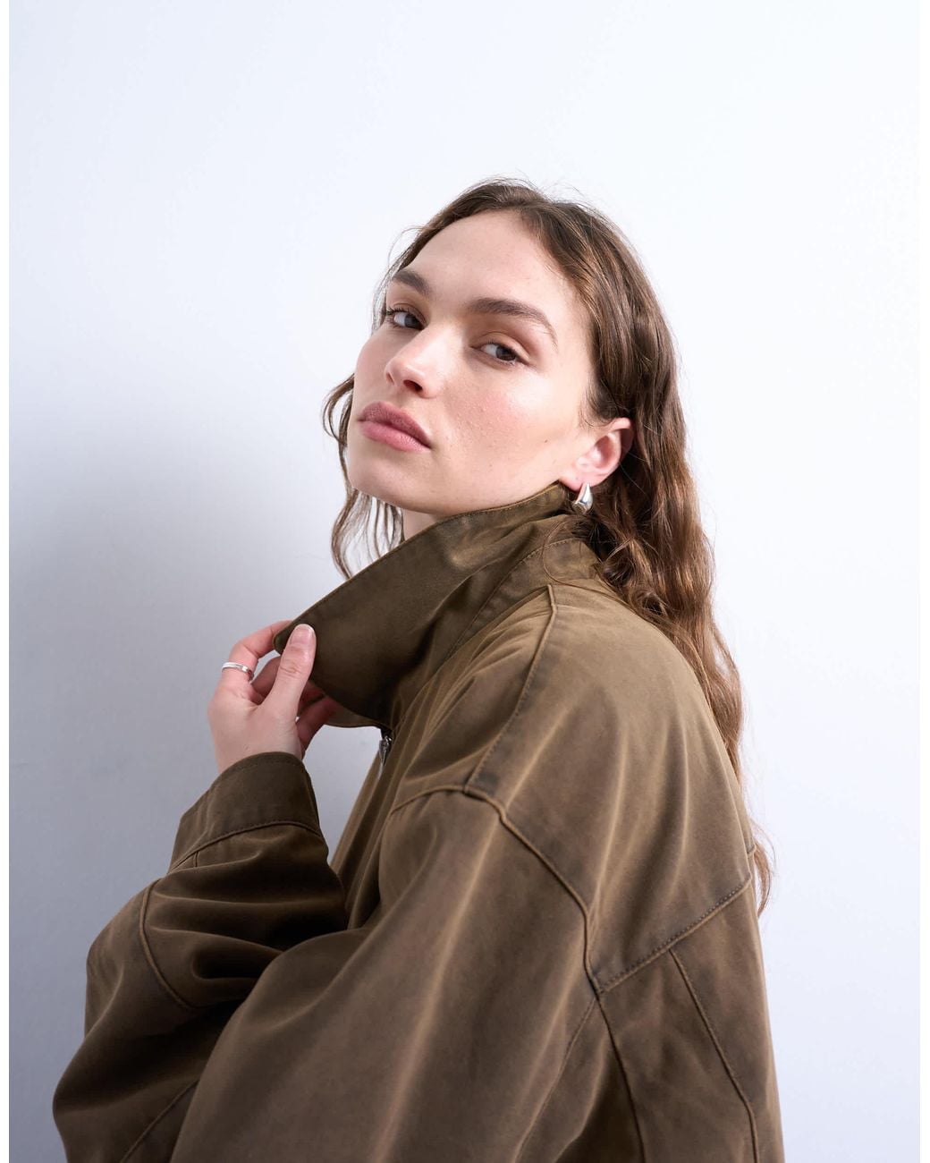 TOPSHOP Brown Faux Suede Super Oversized Quilted Lined Bomber Jacket With Patch Pockets