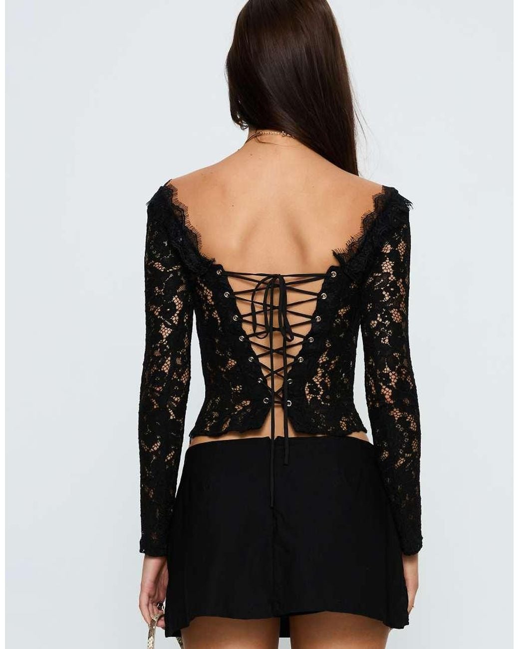Princess Polly Black Lace Eyelash Trim Corset Tie Back Detail Top