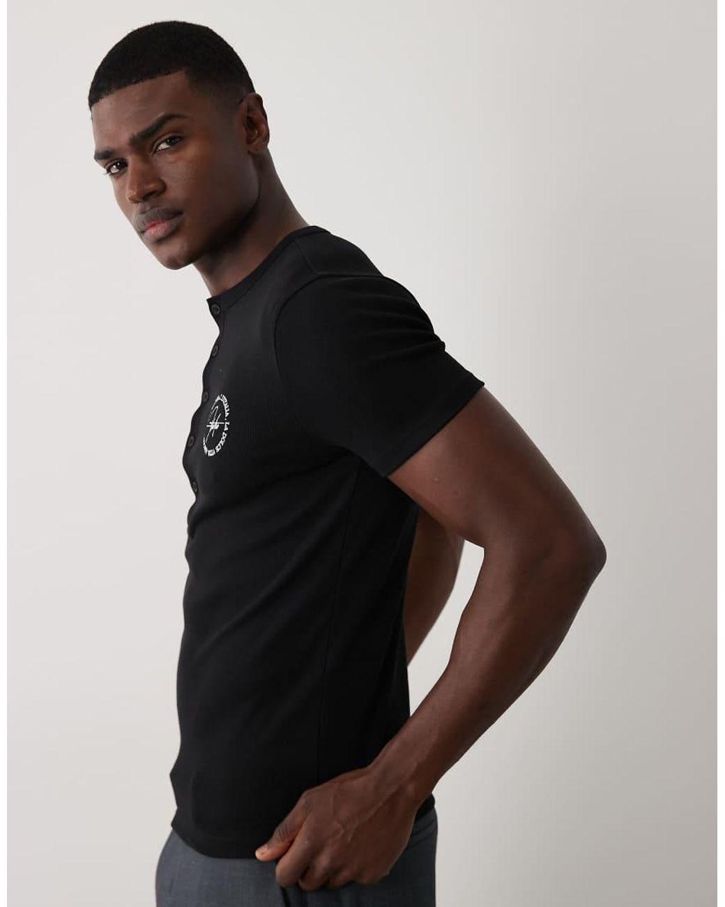 ASOS Black Muscle Henley T-shirt With Chest Graphic for men