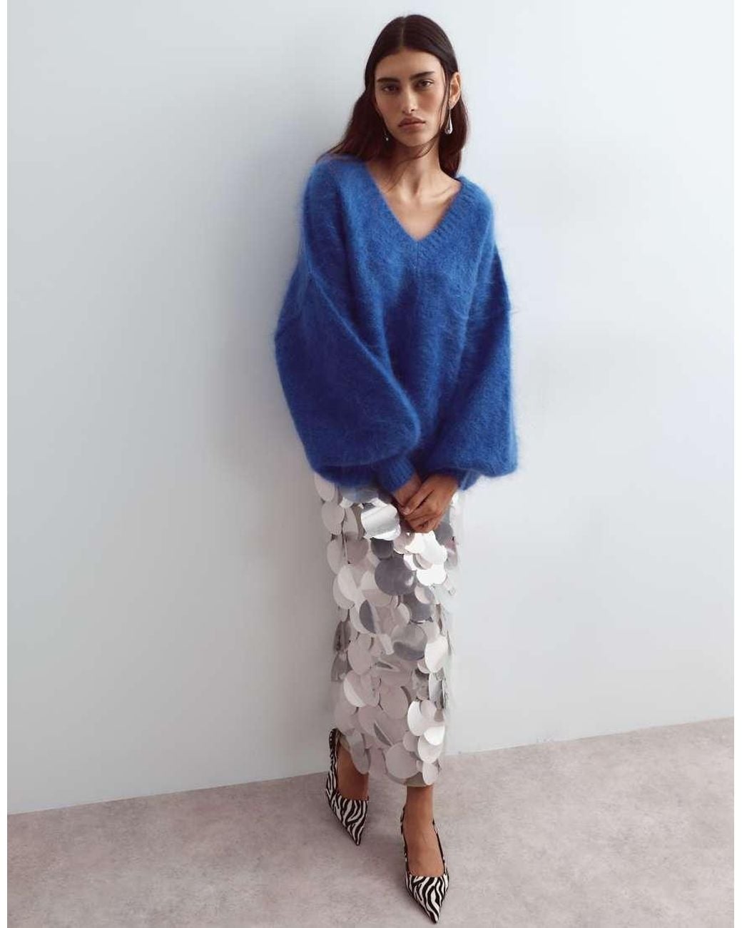 ARRANGE Blue Premium Oversized Mohair Rich V-neck Sweater