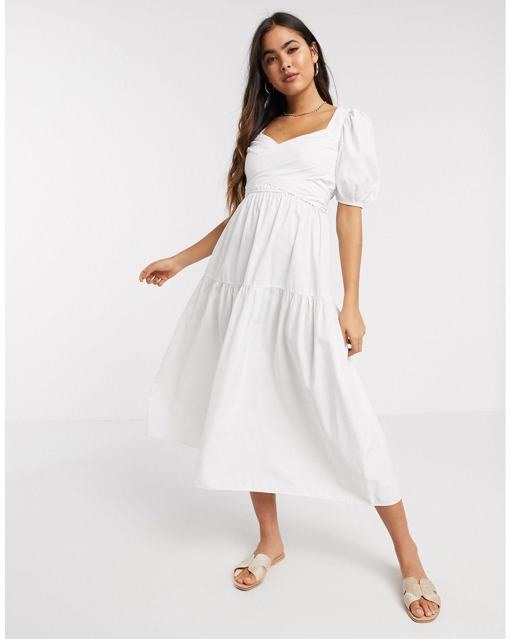 Robe mi-longue en popeline avec ceinture Stradivarius en coloris Blanc |  Lyst