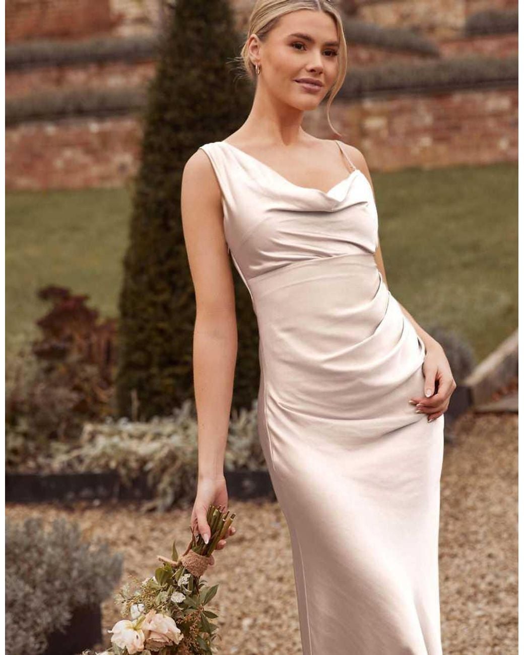 Six Stories Brown Cowl Asymmetrical Satin Bridesmaid Dress