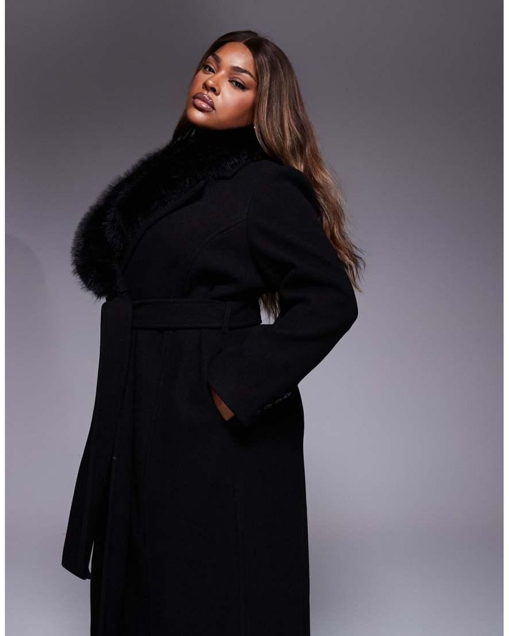 Forever New Purple Formal Belted Longline Detachable Faux Fur Shawl Collar Coat