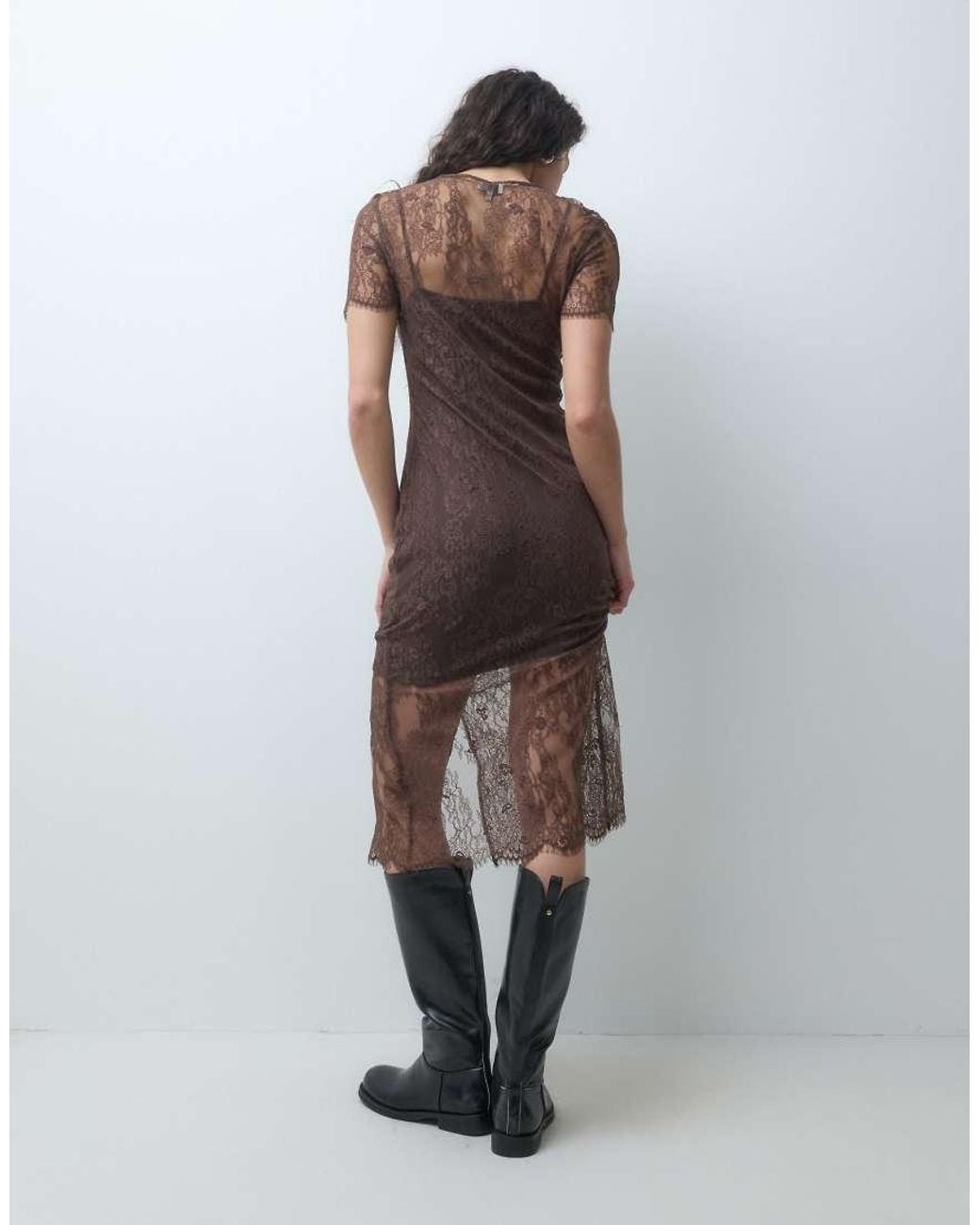 & Other Stories Brown Short Sleeve High Neck Lace Midi Dress