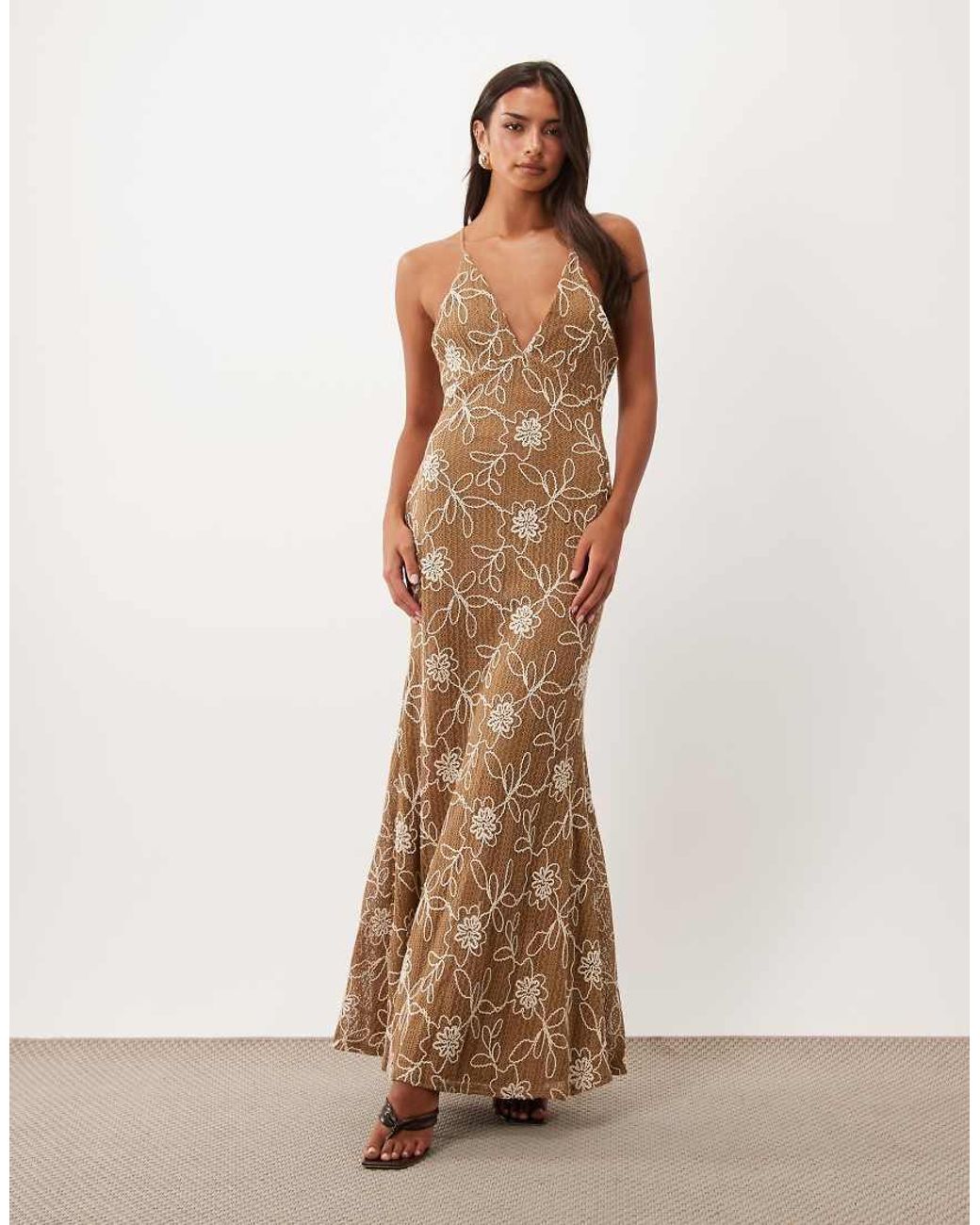 ASOS Natural Embroidered Crochet Maxi Dress With Cut Outs
