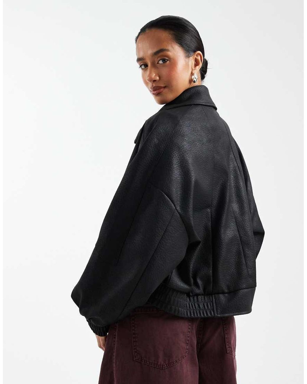 ASOS Black Asos Design Petite Leather Look Moto Bomber Jacket