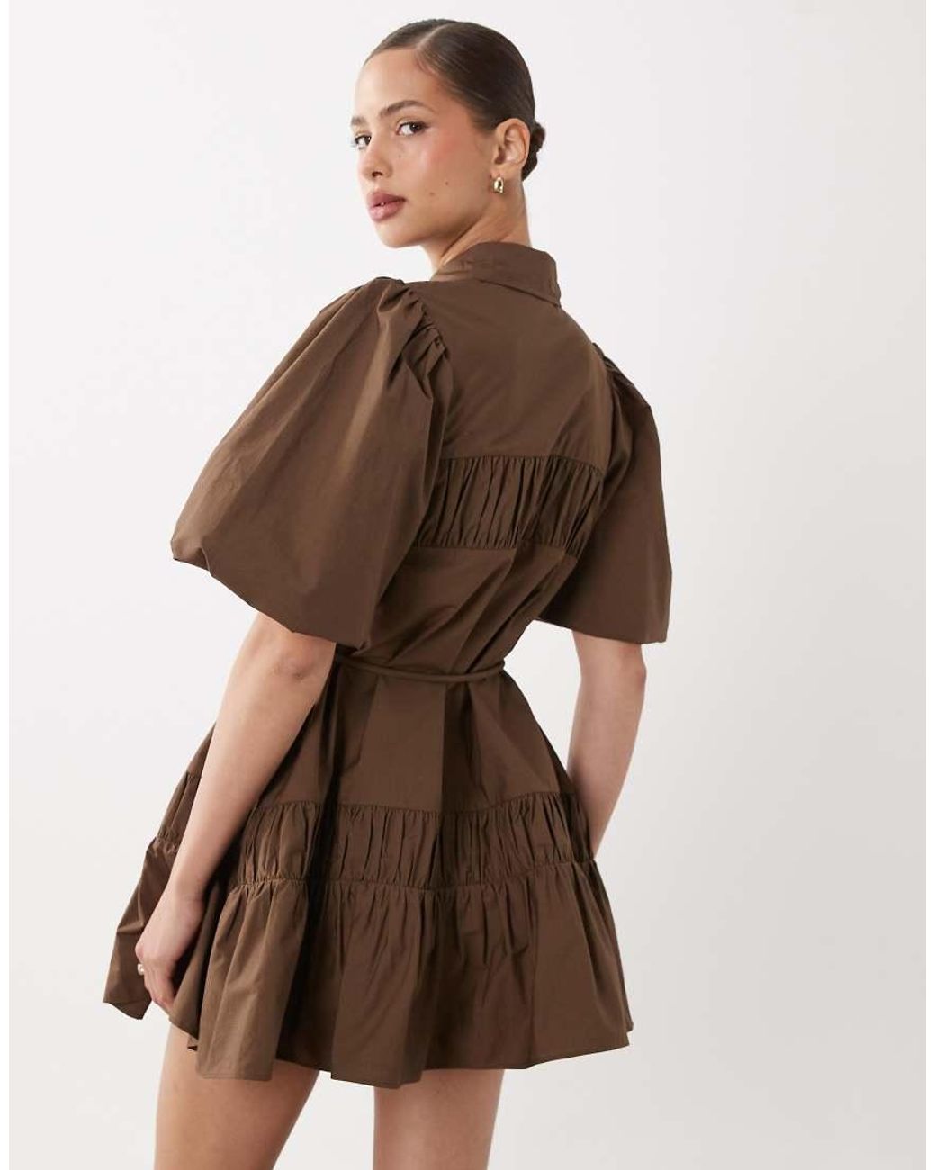 ASOS Natural Shirt Mini Dress With Puff Sleeve And Tie Detail