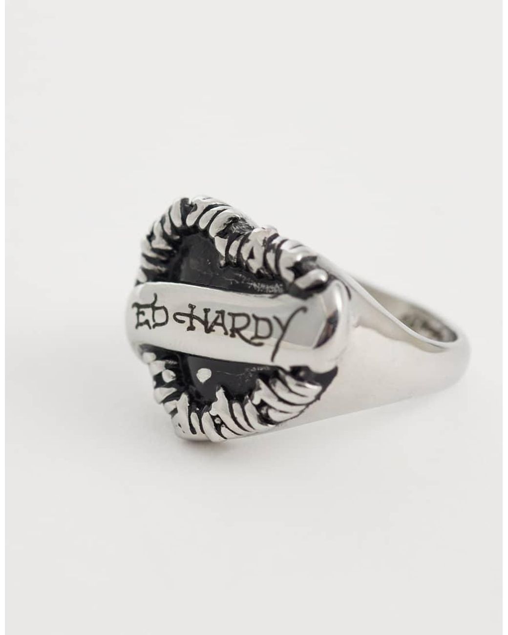 Ed Hardy White Small Barbed Heart Signet Ring