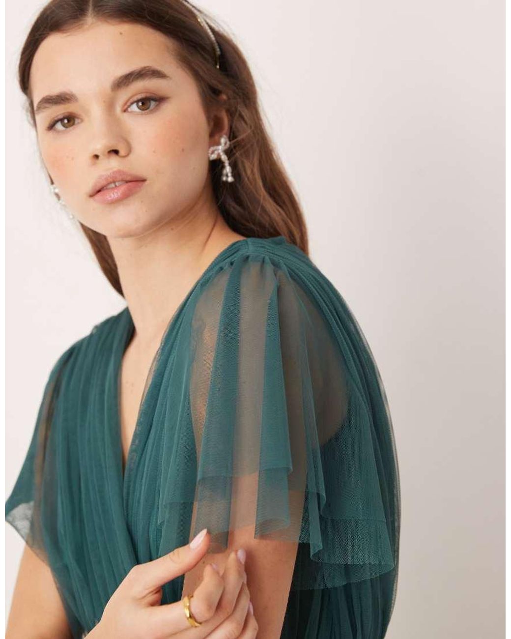 ANAYA Green Faux Wrap Short Sleeve Bridesmaid Maxi Dress