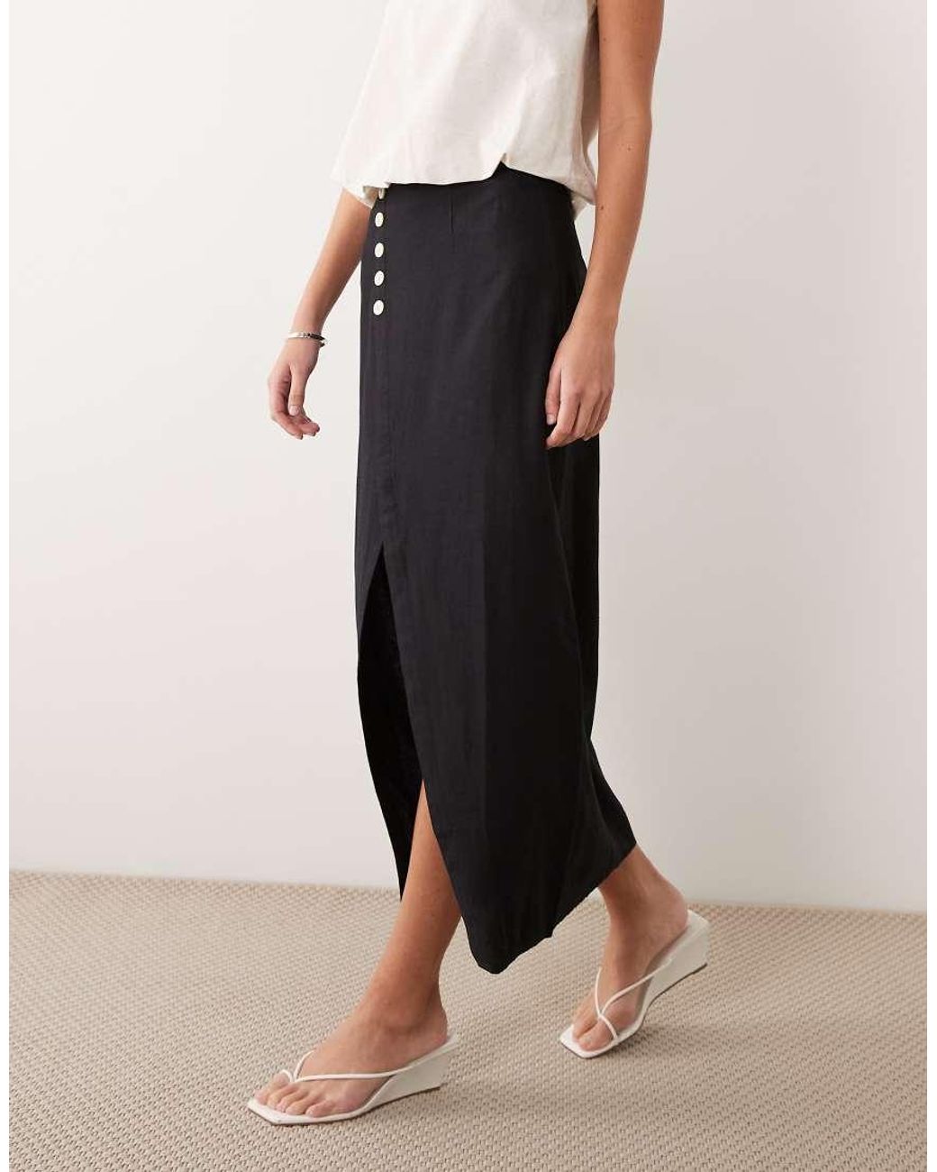 Vila Natural Linen Touch Button Front Midi Skirt