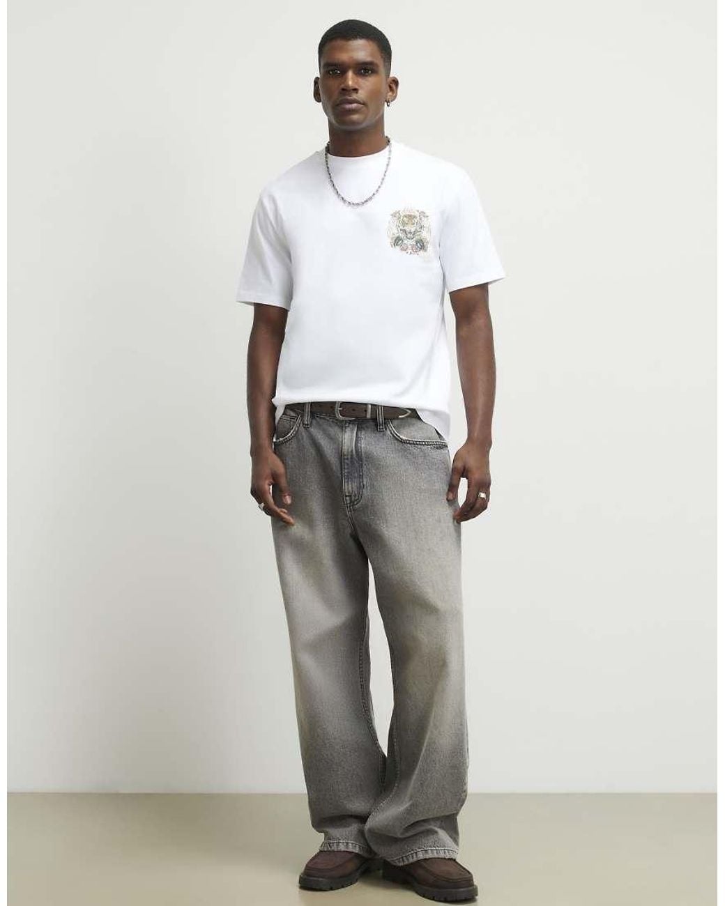 River Island Gray Cotton Kanagawa Tiger T-Shirt for men