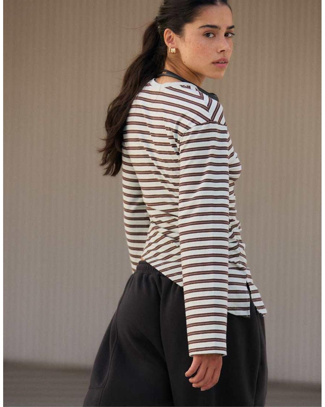 Stradivarius Black Asymmetric Striped Long Sleeve T-shirt