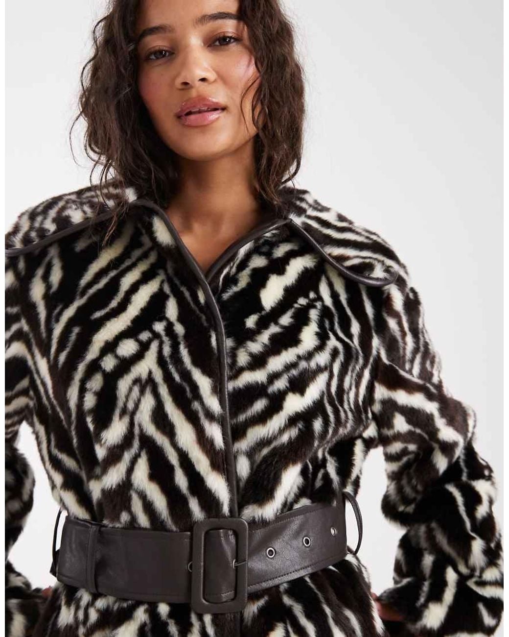 Miss Selfridge Black Faux Fur Belted Mid Length Coat