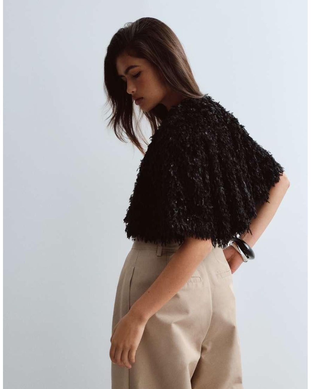 ARRANGE Black Faux Feather Trapeze Crop T-Shirt