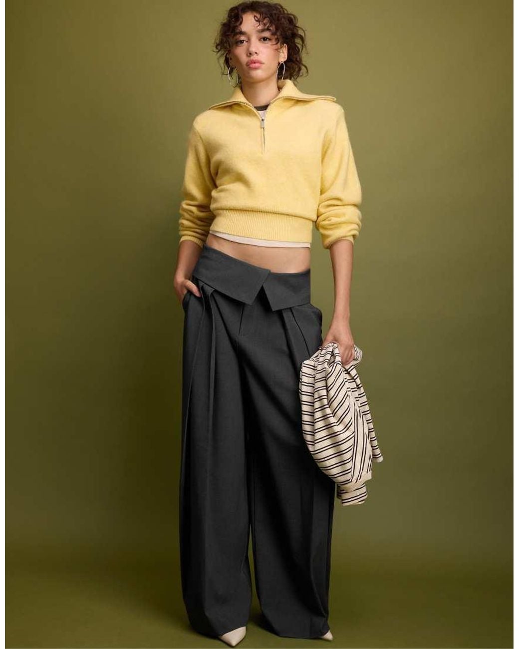 Stradivarius Green Knit Jumper With Padded Shoulders And Quarter-zip