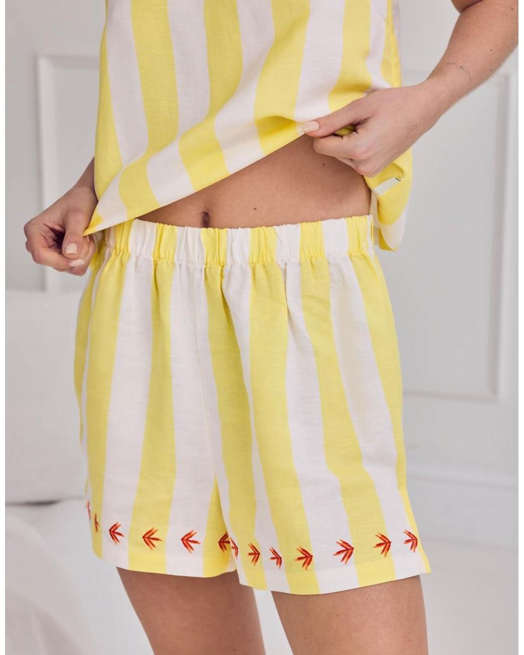 Chelsea Peers Yellow Linen Blend Embroidered Back Stripe Cami Short Pyjama Set