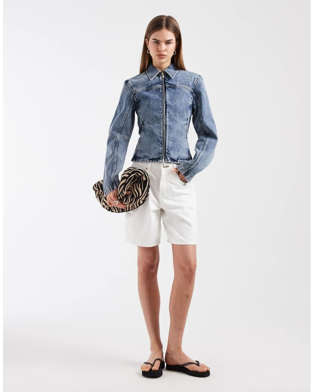 & Other Stories Blue Slim Zip Through Denim Jacket