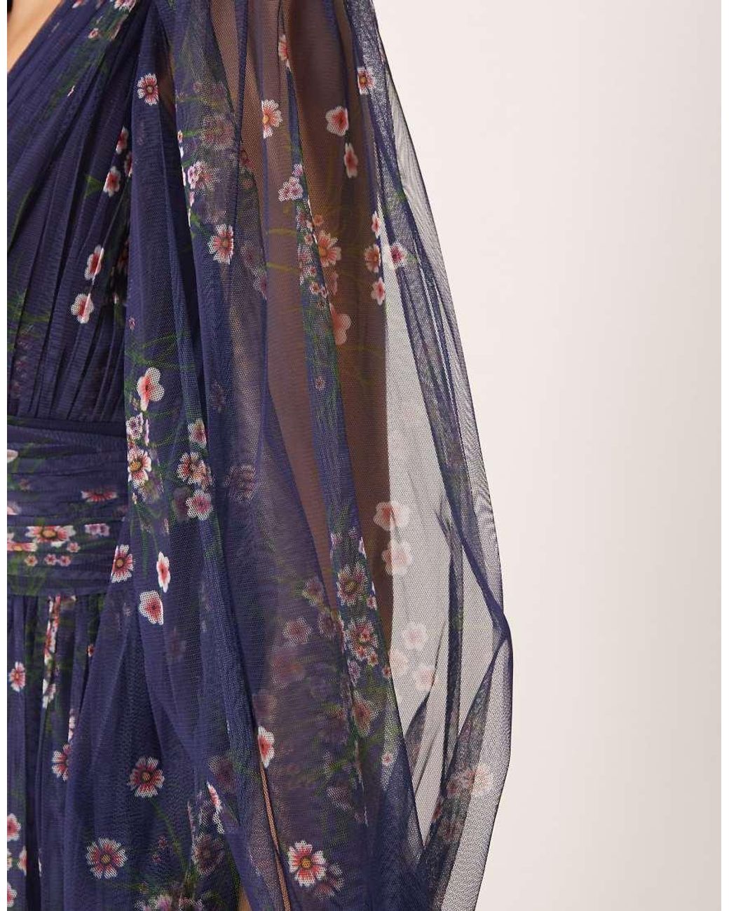 LACE & BEADS Blue Deep V-neck Sheer Bell Sleeve Maxi Dress