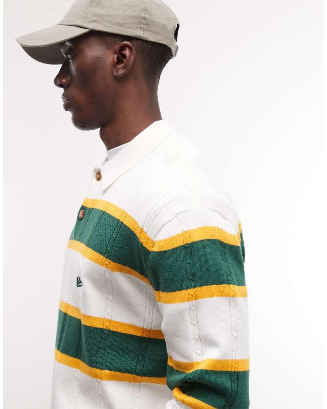 BLKVIS Green Cable Knit Stripe Long Sleeve Polo Shirt for men