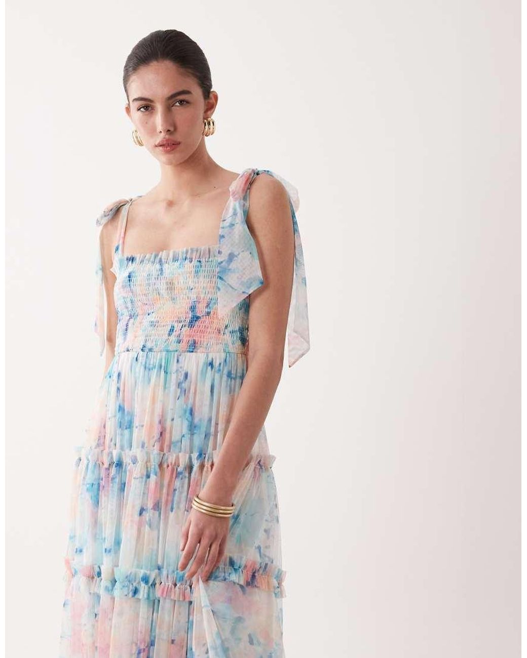 LACE & BEADS White Bow Shoulder Shirred Ruffle Midi Dress