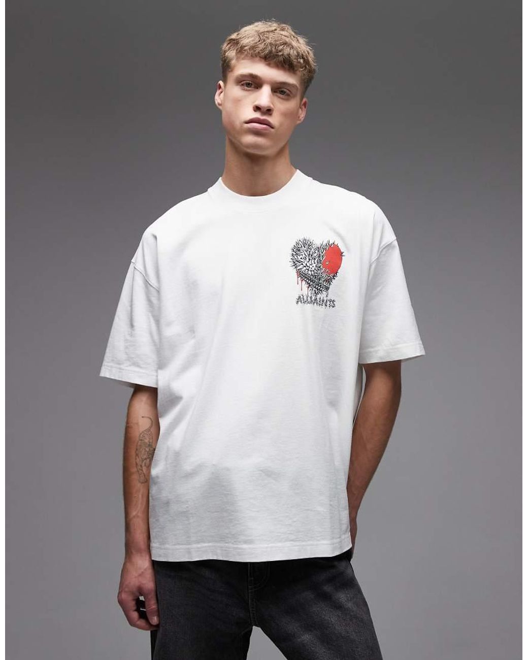 AllSaints Gray Chaste Graphic Heart Logo T-Shirt With Back Print for men