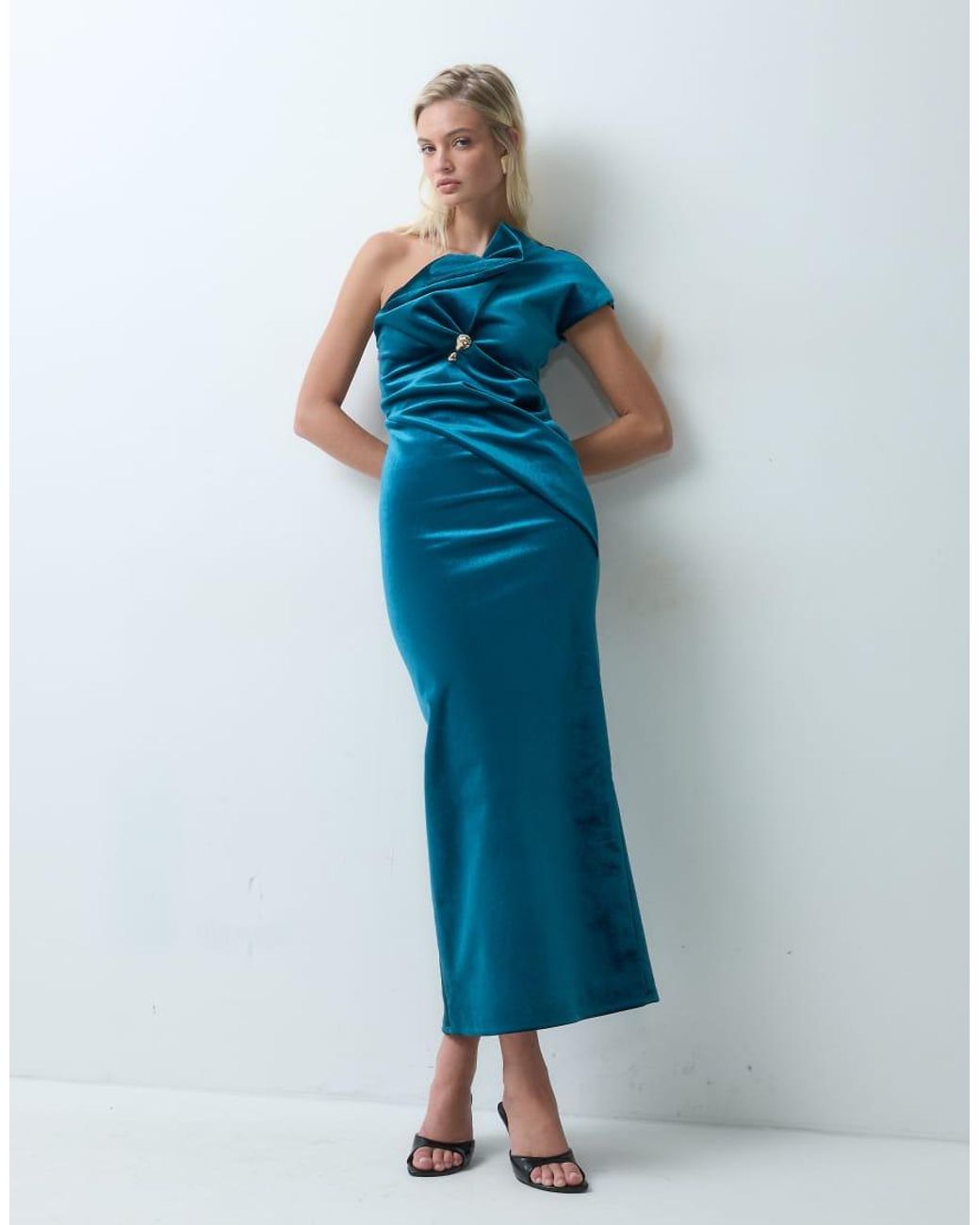 ASOS Blue Asymmetric One Shoulder Midi Dress With Trim